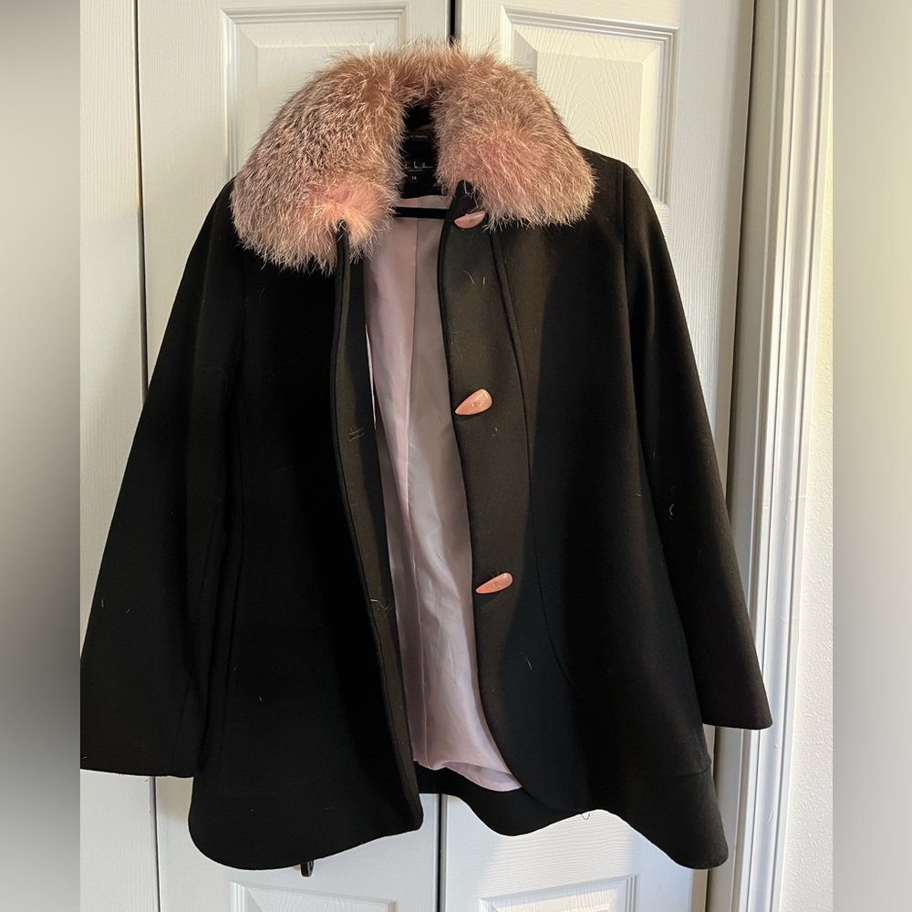 Nicole Miller New York black wool coat with pink faux fur collar